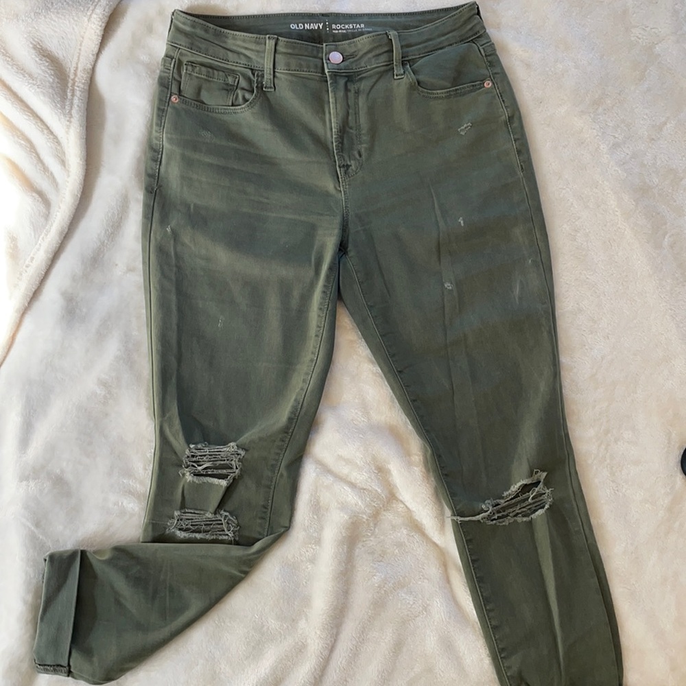 Distressed Army Green mid Rise Skinny Jeans